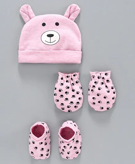 Babyhug 100% Cotton Cap Mittens & Booties Set Pink - Diameter 9.5 cm