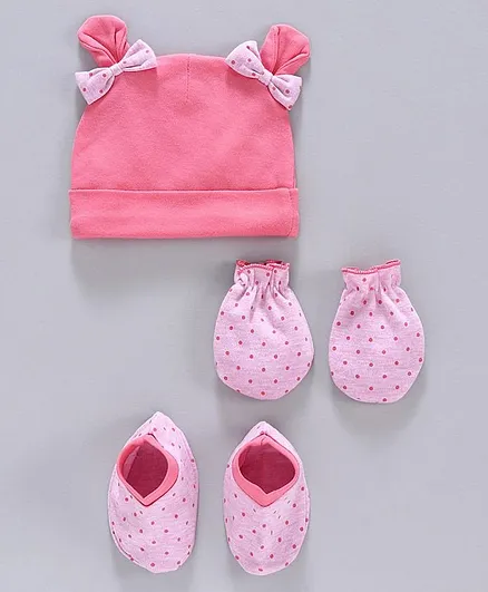 Babyhug 100% Cotton Cap Mittens and Booties Set Polka Dot Print Pink - Diameter 11.5 cm