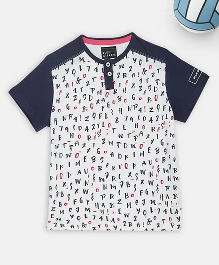 Blue Giraffe Half Sleeves Alphabets Print Tee - Blue