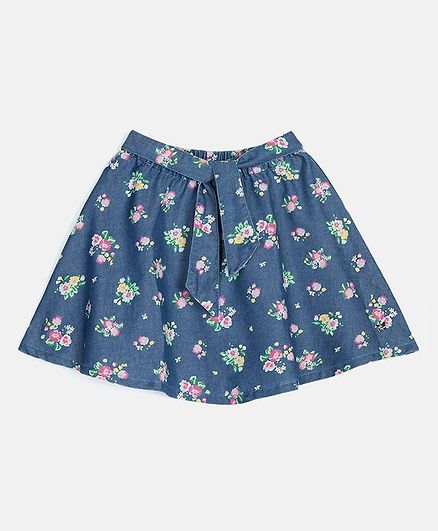 Blue Giraffe All Over Flowers Printed Skirt - Blue