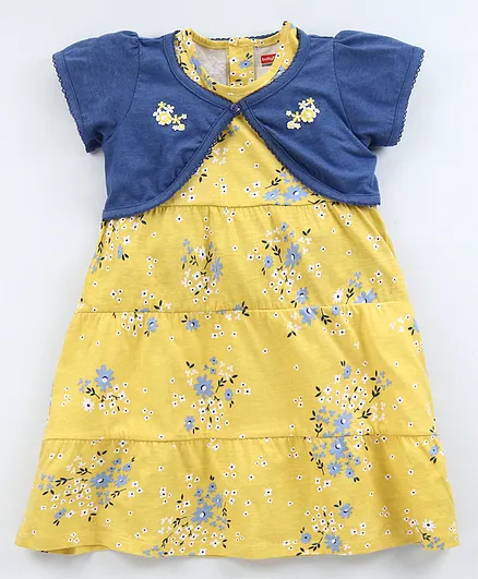 Babyhug Frock with Full Sleeves Shrug Floral Print - Yellow