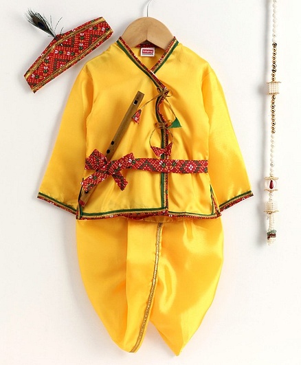 Babyhug Full Sleeves Dhoti Kurta Set with Crown and Flute Sequin Design - Yellow