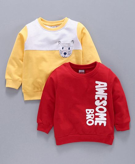 Babyhug Full Sleeves Sweatshirts Awesome Bro & Kitty Print Pack of 2 - Yellow Red