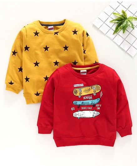 Babyhug Full Sleeves Sweatshirts Star & Skateboard Print Pack of 2 - Red Yellow