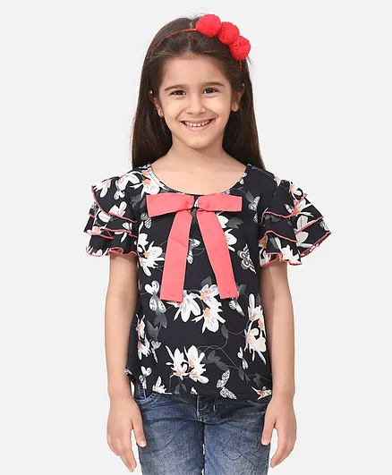 Cutiekins Bow Detailed Ruffle Sleeves Floral Printed Top - Black