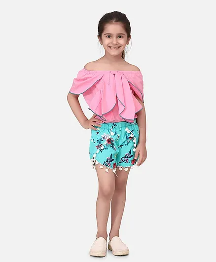 Cutiekins Half Sleeves Solid Off Shoulder Top With Floral Print Shorts - Pink & Aqua Green