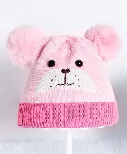 Babyhug Woollen Cap Pom Pom Design Pink - Diameter 8 cm