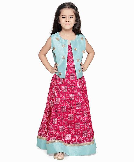 Lilpicks Couture Printed Sleeveless Long Dress With Mirror Work Jacket - Pink