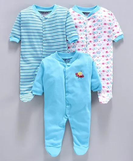 BUMZEE Full Sleeves Flowers Printed Sleepsuit Pack of 3 - Blue & White