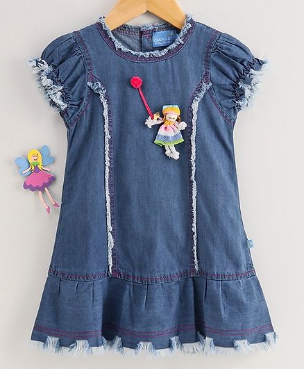 Chicklets Half Sleeves Crochet Girl Applique Flared Dress - Blue