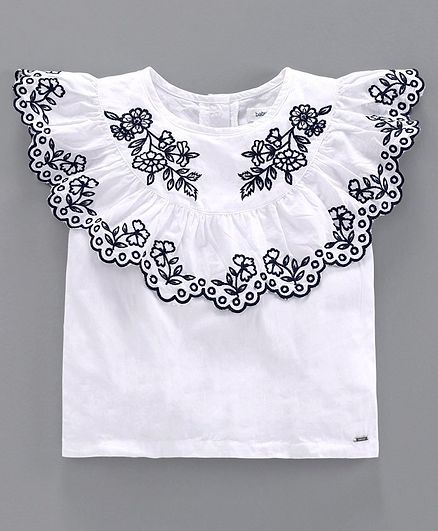 Babyoye Half Sleeves Top Floral Embroidery - White