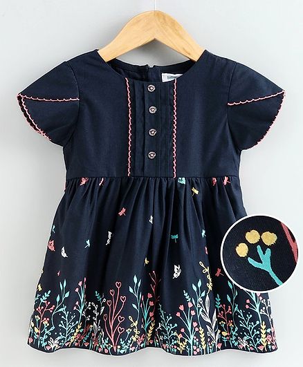 Babyoye Short Sleeves Frock Floral Print - Navy Blue