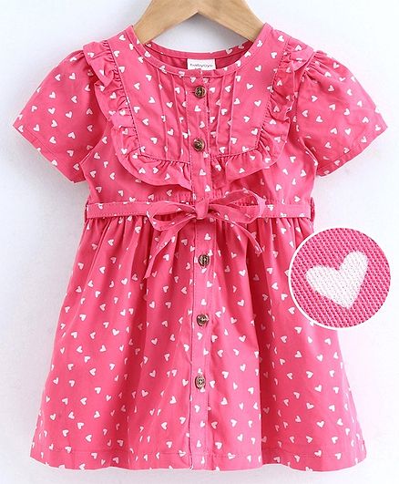 Babyoye Cotton Half Sleeves Heart Print Frock - Red