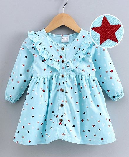 Babyoye Cotton Full Sleeves Star Print Frock - Blue