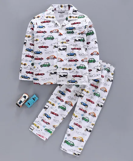 Cucumber Full Sleeves Night Suit Vehicle Print - White