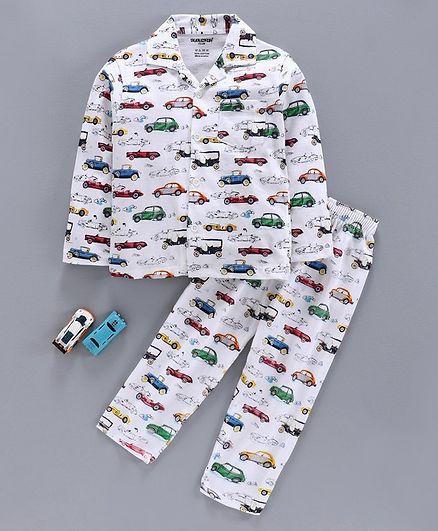 Cucumber Full Sleeves Night Suit Vehicle Print - White