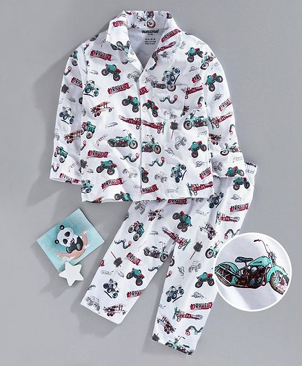 Cucumber Full Sleeves Night Suit Vehicle Print - White