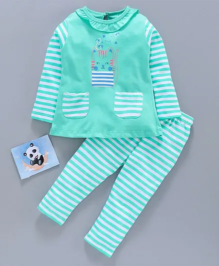 Cucumber Full Sleeves Top & Stripe Lounge Pant Kitty Print - Sea Green