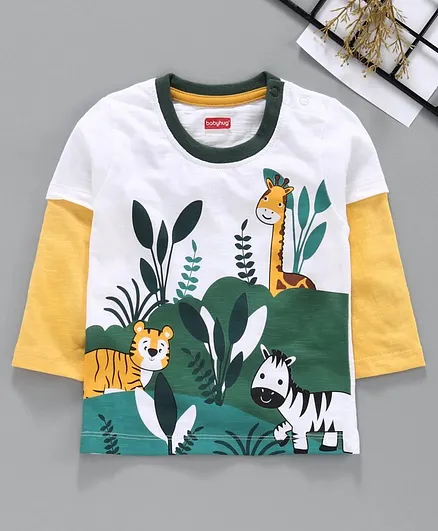 Babyhug Full Sleeves Cotton Animal Print Tee - White Green Yellow