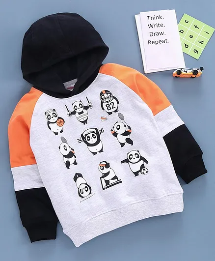 Babyhug Raglan Sleeves Hooded Sweatshirt Panda Print - Light Grey Orange Black