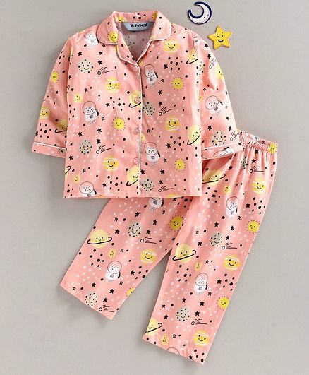 Enfance Core Sun Printed Full Sleeves Night Suit - Peach