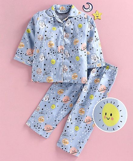 Enfance Core Sun Printed Full Sleeves Night Suit - Blue