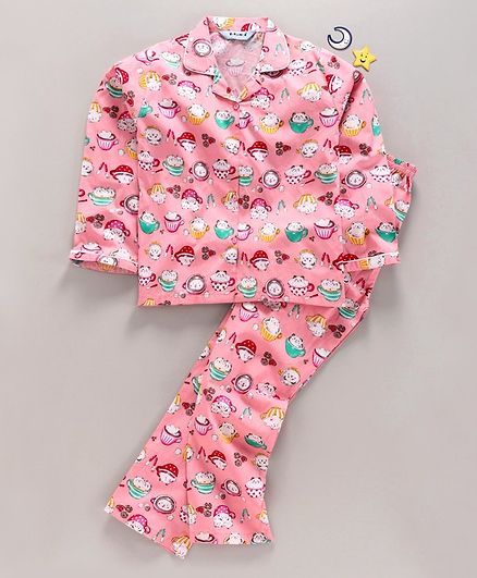 Enfance Core Cup & Kitty Printed Full Sleeves Night Suit - Pink