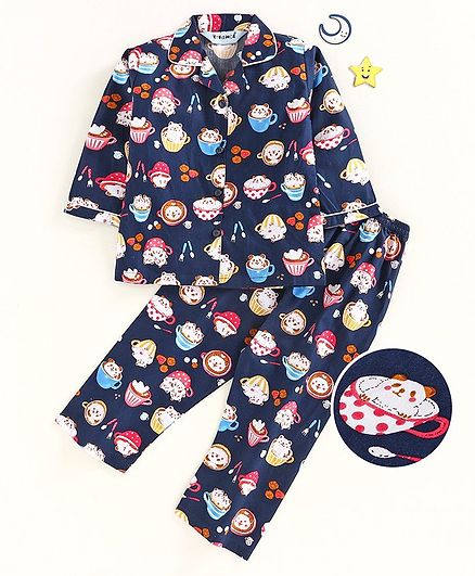 Enfance Core Cup & Kitty Printed Full Sleeves Night Suit - Navy Blue