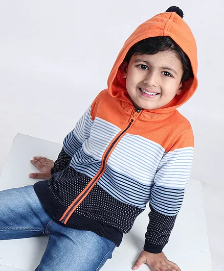 Babyoye Cotton Striped Front Open Hooded Sweater - Multicolor