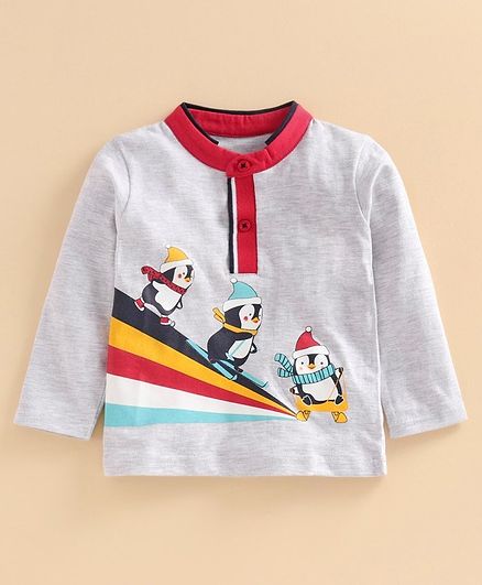 Babyoye Full Sleeves Cotton Blend Tee Penguin Print - Grey