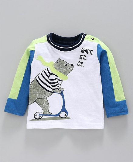 Babyoye Cotton Full Sleeves Tee Bear Print - White Blue