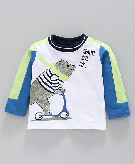 Babyoye Cotton Full Sleeves Tee Bear Print - White Blue