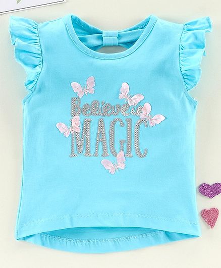 Babyhug Flutter Sleeves Top Text Sequin - Blue