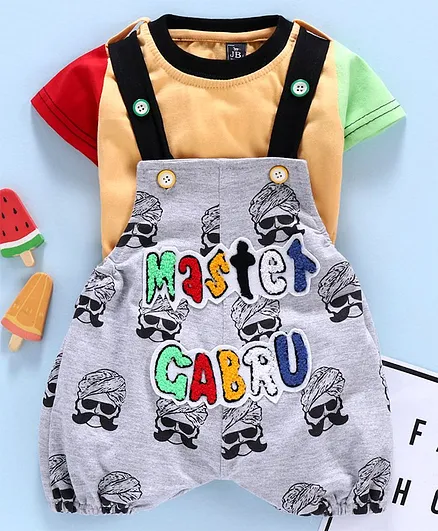 Jb Club Half Sleeves T-Shirt With Printed Dungaree Set - Light Yellow
