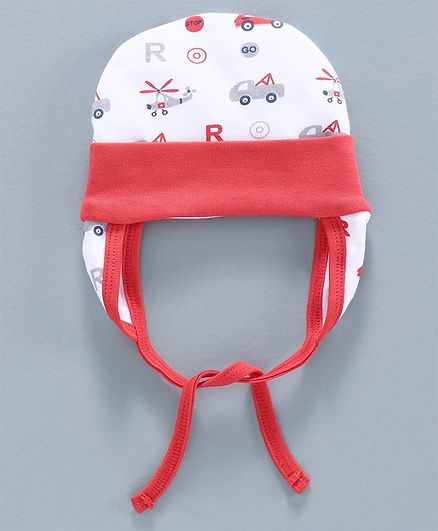 Babyhug Cotton Tie Knot Cap Vehicle Print Red - Diameter 10.5 cm