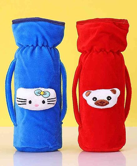 Zoe Twin Handle Velvet Bottle Cover Pack of 2 Blue Red - Fits Up to 240 ml Bottle