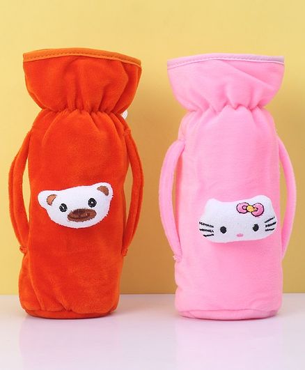 Zoe Twin Handle Velvet Bottle Cover Pack of 2 Orange Pink - Fits Up to 240 ml Bottle