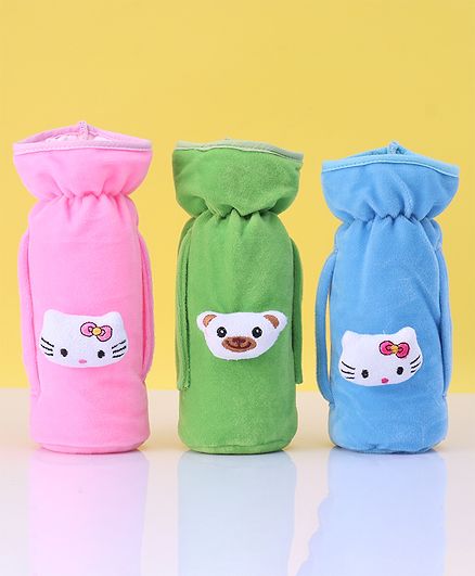 Zoe Twin Handle Velvet Bottle Cover Pack of 3 Blue Pink Green - Fits Up to 240 ml Bottle