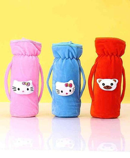 Zoe Twin Handle Velvet Bottle Cover Pack of 3 Blue Pink Red - Fits Up to 240 ml Bottle