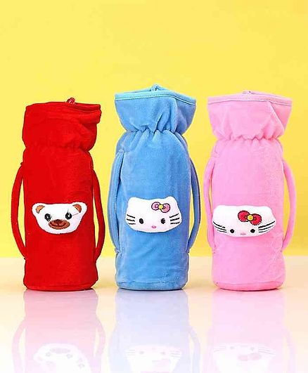 Zoe Twin Handle Velvet Bottle Cover Pack of 3 Blue Pink Red - Fits Up to 240 ml Bottle