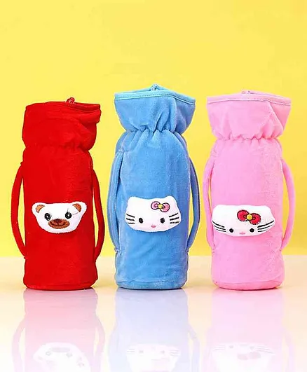 Zoe Twin Handle Velvet Bottle Cover Pack of 3 Blue Pink Red - Fits Up to 240 ml Bottle