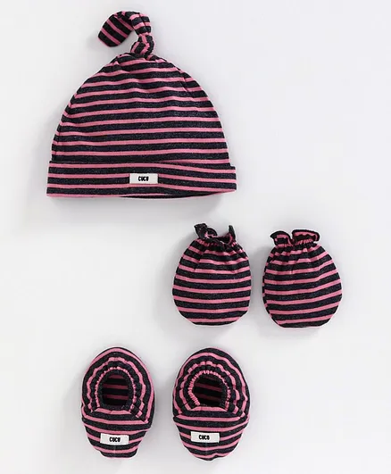 Cucumber Striped Cap Mitten And Booties Set Peach - Diameter 11 cm