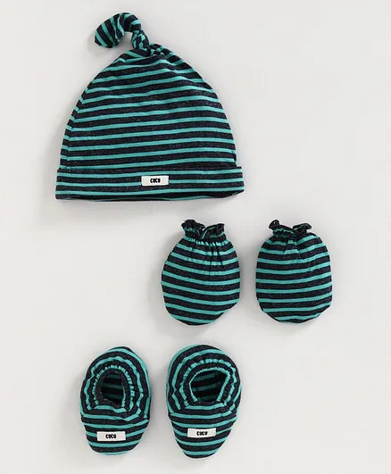 Cucumber Striped Cap Mitten And Booties Set Green - Diameter 11 cm