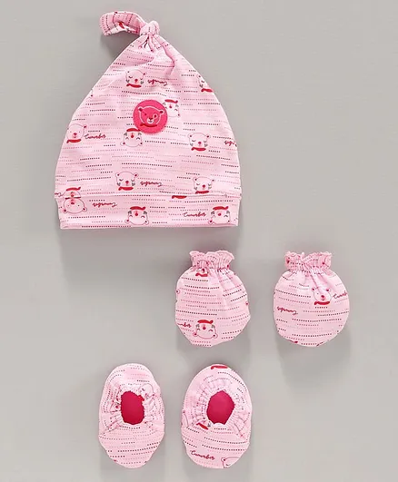 Cucumber Cap Mitten and Booties Set Teddy Print Pink - Diameter 11 cm