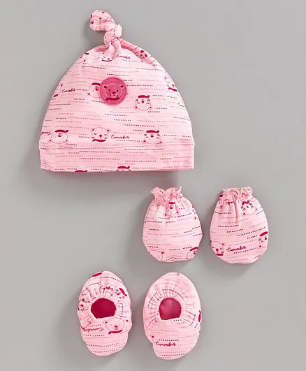 Cucumber Cap Mitten And Booties Set Teddy Print Peach - Diameter 11 cm