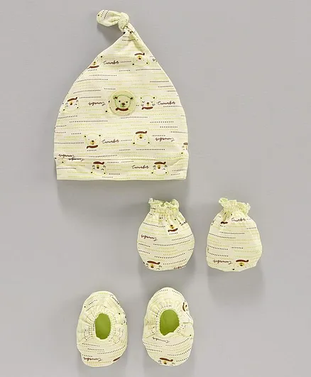 Cucumber Cap Mitten and Booties Set Teddy Print Light Green Yellow - Diameter 11 cm