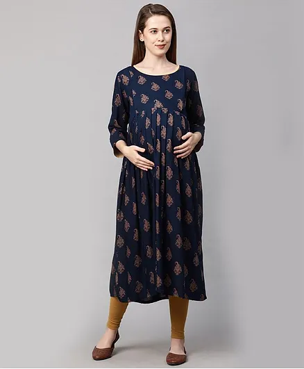 MomToBe Three Fourth Sleeves Block Print Detailing Maternity Kurta - Navy Blue