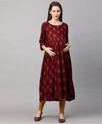 MomToBe Three Fourth Sleeves Block Print Detailing Maternity Kurta - Red
