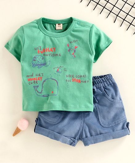 ToffyHouse Half Sleeves Tee with Shorts Animal Print - Green Blue