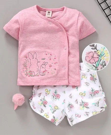 ToffyHouse Half Sleeves Tee with Shorts Bunny Embroidery - Pink White